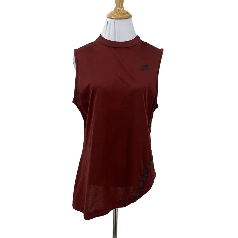 Nike Tank Top Womens L Large Brick Red Low Cut Sleeveless Slant Hem Cotrast